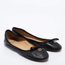 Pre Owned Tory Burch Black Leather Bow Ballet Flats Size 39