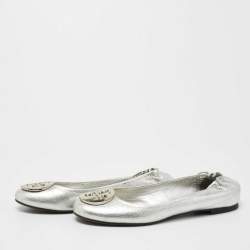 Pre Owned Tory Burch Silver Leather Scrunch Ballet Flats Size 36.5