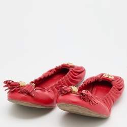 Pre Owned Tory Burch Red Leather Reese Tassel Scrunch Ballet Flats Size 38