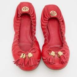 Pre Owned Tory Burch Red Leather Reese Tassel Scrunch Ballet Flats Size 38