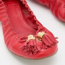 Pre Owned Tory Burch Red Leather Reese Tassel Scrunch Ballet Flats Size 38