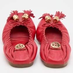 Pre Owned Tory Burch Red Leather Reese Tassel Scrunch Ballet Flats Size 38