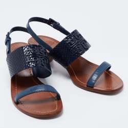 مملوكة مسبقًا Tory Burch Blue Python Embossed and Leather Slingback Block Heel Sandals Size 36.5