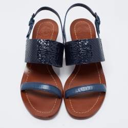 مملوكة مسبقًا Tory Burch Blue Python Embossed and Leather Slingback Block Heel Sandals Size 36.5