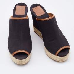 Pre Owned Tory Burch Black Canvas Wedge Open Toe Sandals Size 38