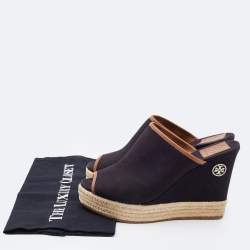 Pre Owned Tory Burch Black Canvas Wedge Open Toe Sandals Size 38