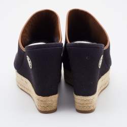 Pre Owned Tory Burch Black Canvas Wedge Open Toe Sandals Size 38