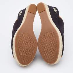 Pre Owned Tory Burch Black Canvas Wedge Open Toe Sandals Size 38