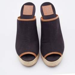 Pre Owned Tory Burch Black Canvas Wedge Open Toe Sandals Size 38