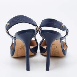 Pre Owned Tory Burch Navy Blue Leather Pointed Toe Slingback Pumps Size 37.5