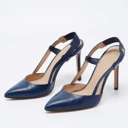 Pre Owned Tory Burch Navy Blue Leather Pointed Toe Slingback Pumps Size 37.5