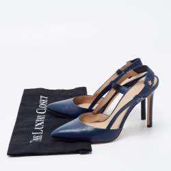 Pre Owned Tory Burch Navy Blue Leather Pointed Toe Slingback Pumps Size 37.5