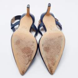 Pre Owned Tory Burch Navy Blue Leather Pointed Toe Slingback Pumps Size 37.5