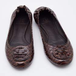 Pre Owned Tory Burch Dark Brown Python Embossed Leather Reva Ballet Flats Size 38.5