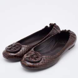 Pre Owned Tory Burch Dark Brown Python Embossed Leather Reva Ballet Flats Size 38.5