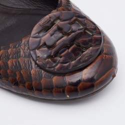 Pre Owned Tory Burch Dark Brown Python Embossed Leather Reva Ballet Flats Size 38.5