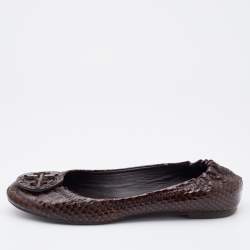 Pre Owned Tory Burch Dark Brown Python Embossed Leather Reva Ballet Flats Size 38.5