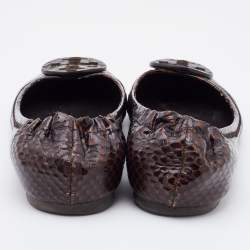 Pre Owned Tory Burch Dark Brown Python Embossed Leather Reva Ballet Flats Size 38.5