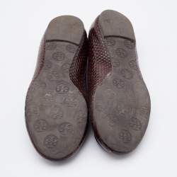 Pre Owned Tory Burch Dark Brown Python Embossed Leather Reva Ballet Flats Size 38.5