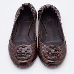 Pre Owned Tory Burch Dark Brown Python Embossed Leather Reva Ballet Flats Size 38.5