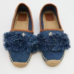 Tory Burch Navy Blue Denim Shaw Fringe Espadrille Flats Size 36