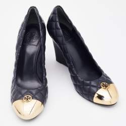 Pre Owned Tory Burch Navy Blue Quilted Leather Kaitlin Metal Cap Toe Wedge Pumps Size 39