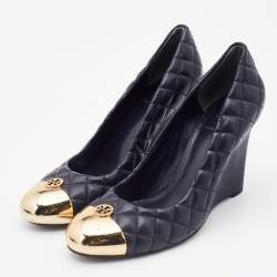 Pre Owned Tory Burch Navy Blue Quilted Leather Kaitlin Metal Cap Toe Wedge Pumps Size 39