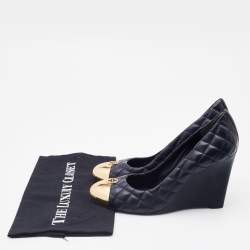 Pre Owned Tory Burch Navy Blue Quilted Leather Kaitlin Metal Cap Toe Wedge Pumps Size 39