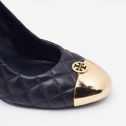 Pre Owned Tory Burch Navy Blue Quilted Leather Kaitlin Metal Cap Toe Wedge Pumps Size 39