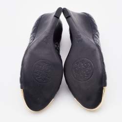 Pre Owned Tory Burch Navy Blue Quilted Leather Kaitlin Metal Cap Toe Wedge Pumps Size 39