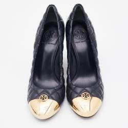 Pre Owned Tory Burch Navy Blue Quilted Leather Kaitlin Metal Cap Toe Wedge Pumps Size 39