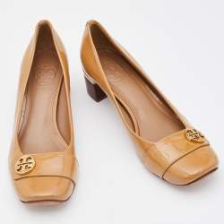 Pre Owned Tory Burch Light Brown Patent Leather Marion Block Heel Pumps Size 36.5
