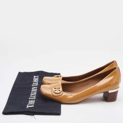 Pre Owned Tory Burch Light Brown Patent Leather Marion Block Heel Pumps Size 36.5