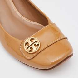 Pre Owned Tory Burch Light Brown Patent Leather Marion Block Heel Pumps Size 36.5
