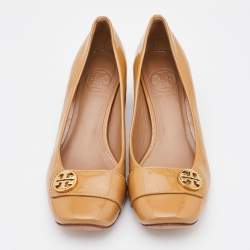 Pre Owned Tory Burch Light Brown Patent Leather Marion Block Heel Pumps Size 36.5