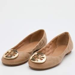 Pre Owned Tory Burch Beige Quilted Leather Quinn Ballet Flats Size 37