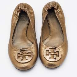 Pre Owned Tory Burch Gold Leather Minnie Scrunch Ballet Flats Size 39.5