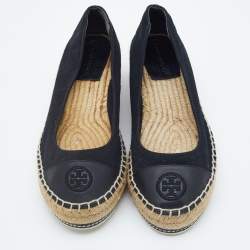 Pre Owned Tory Burch Black Canvas and Leather Espadrille Platform Wedge Pumps Size 39
