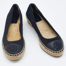 Pre Owned Tory Burch Black Canvas and Leather Espadrille Platform Wedge Pumps Size 39