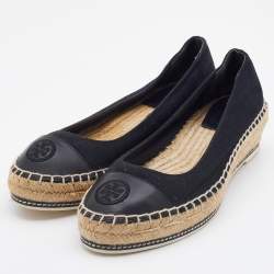 Pre Owned Tory Burch Black Canvas and Leather Espadrille Platform Wedge Pumps Size 39