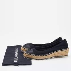 Pre Owned Tory Burch Black Canvas and Leather Espadrille Platform Wedge Pumps Size 39