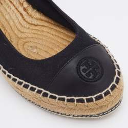 Pre Owned Tory Burch Black Canvas and Leather Espadrille Platform Wedge Pumps Size 39