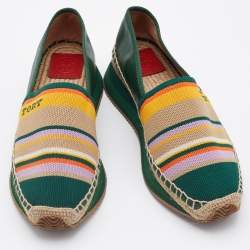 Pre Owned Tory Burch Multicolor Leather and Knit Fabric Daisy Logo Espadrille Slip On Sneakers Size 39.5