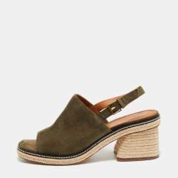 Pre Owned Tory Burch Olive Green Suede Espadrille Block Heel Slingback Sandals Size 40.5