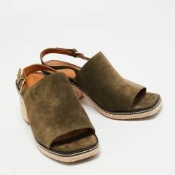 Pre Owned Tory Burch Olive Green Suede Espadrille Block Heel Slingback Sandals Size 40.5