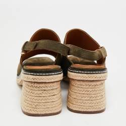 Pre Owned Tory Burch Olive Green Suede Espadrille Block Heel Slingback Sandals Size 40.5
