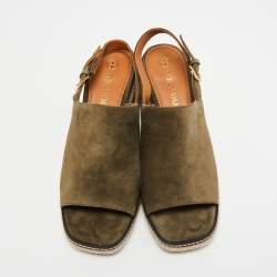 Pre Owned Tory Burch Olive Green Suede Espadrille Block Heel Slingback Sandals Size 40.5