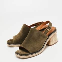 Pre Owned Tory Burch Olive Green Suede Espadrille Block Heel Slingback Sandals Size 40.5