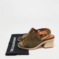Pre Owned Tory Burch Olive Green Suede Espadrille Block Heel Slingback Sandals Size 40.5