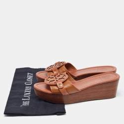 Pre Owned Tory Burch Brown Leather Patti  Platform Sandals Size 37.5